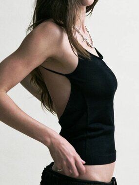 Emily Dawn Long Black Kipling Tank Top Black Open Back Knit Straps Going Out XXS